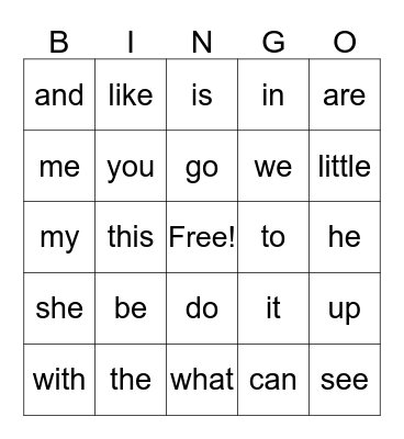 Sight Words Bingo Card