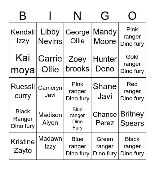 Power Rangers Dino fury Bingo Card