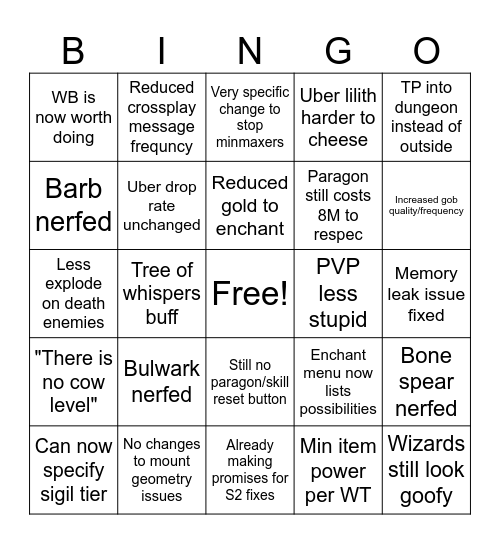 D4 Season 1 Notes Bingo Card