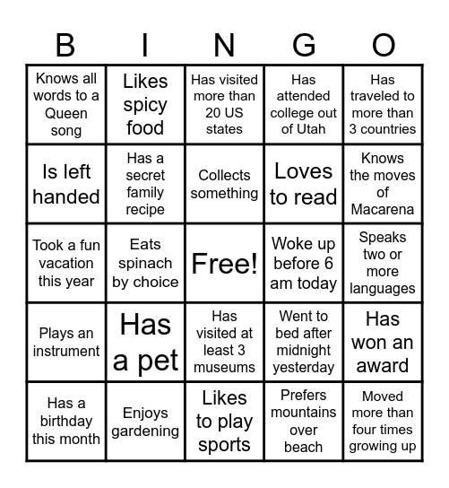 Get to know your coworker Bingo Card