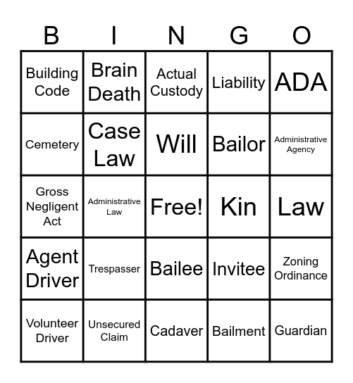 Mortuary Law Bingo Card