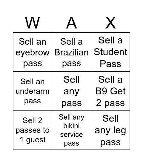 Wax Pass Bingo Card