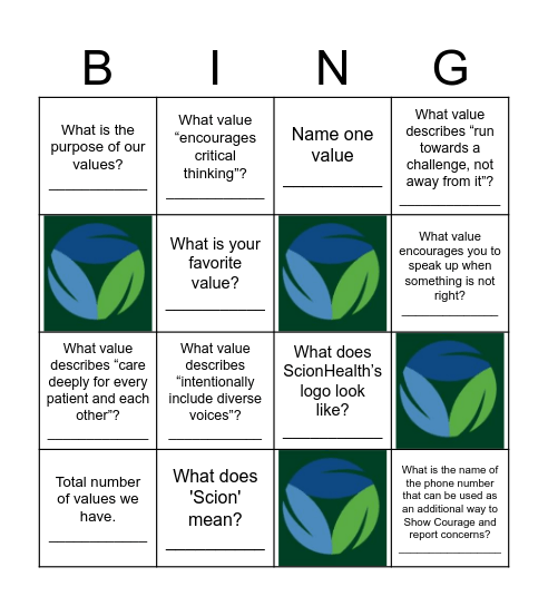 ScionHealth Value Bingo Card