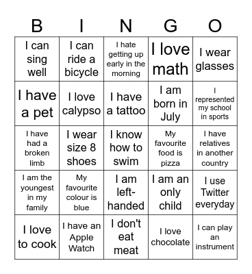 Icebreaker for 16-20 year olds Bingo Card