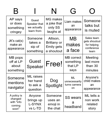 Corporate Saddies BINGO Card