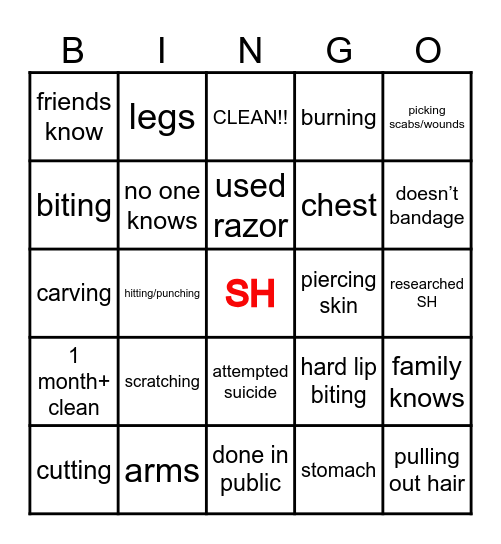 Self Harm Bingo Card