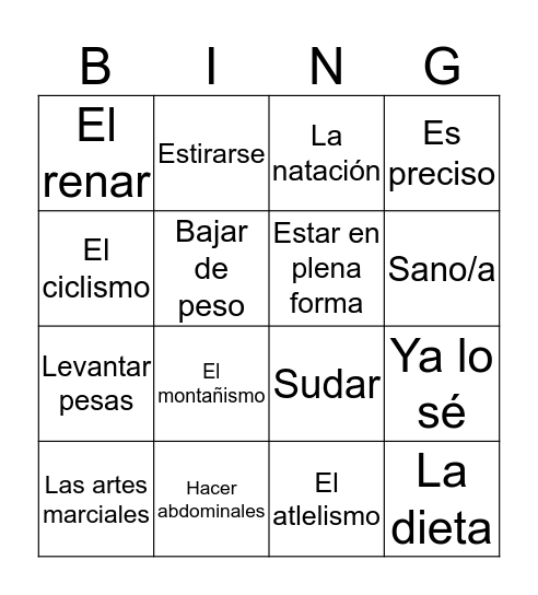 Staying fit and healthy  Bingo Card