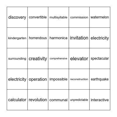 Multisyllable Words Bingo Card