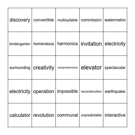 Multisyllable Words Bingo Card