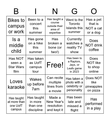 "Get to Know You" Bingo Card