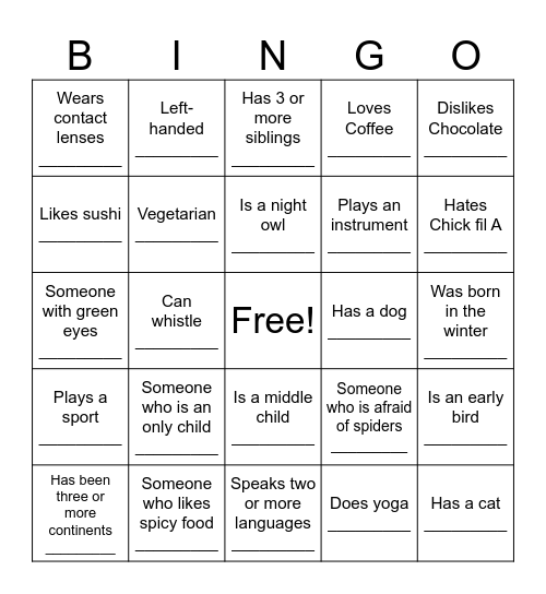 Human Bingo! Bingo Card