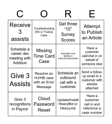 HCSS Support Bingo Core Bingo Card