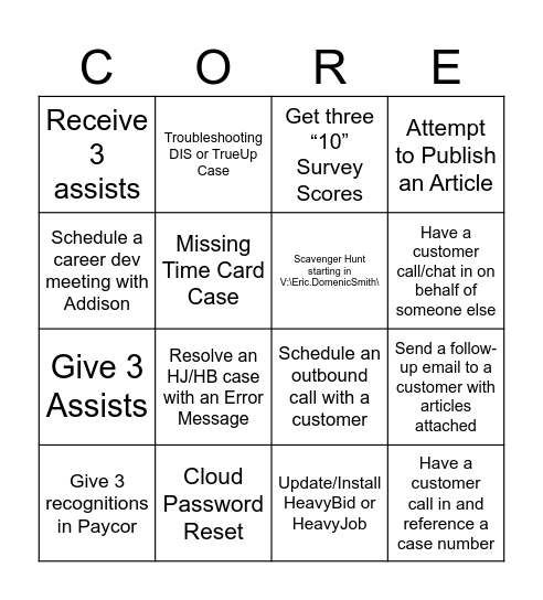 HCSS Support Bingo Core Bingo Card