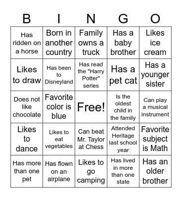 Classmate Bingo Card