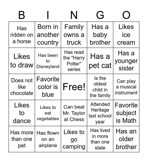 Classmate Bingo Card