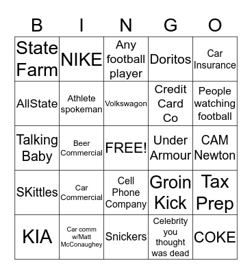 Super Bowl Commercials Bingo Card