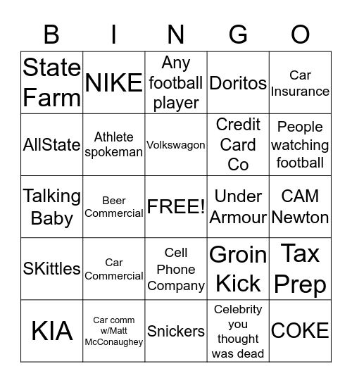 Super Bowl Commercials Bingo Card