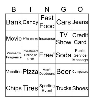 Super Bowl Commercials Bingo Card