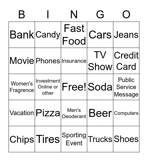 Super Bowl Commercials Bingo Card