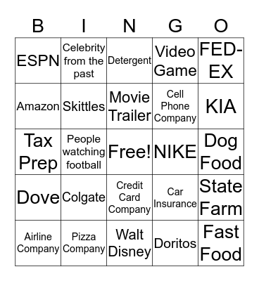 Superbowl Commercials Bingo Card