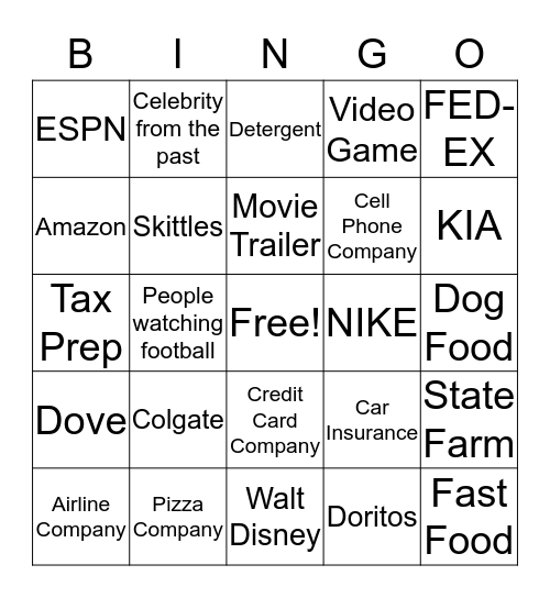 Superbowl Commercials Bingo Card