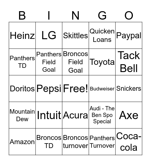 Super Bowl Bingo Card