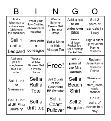 Apparel Store July Bingo Card