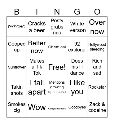 Posty Songs/actions Bingo Card