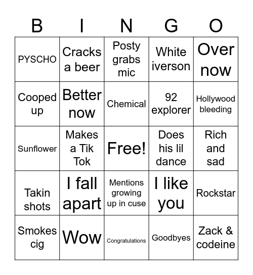 Posty Songs/actions Bingo Card