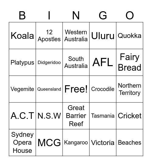 Australia Bingo Card