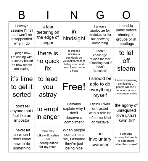 Impostor Syndrome - Recovery Edition Bingo Card