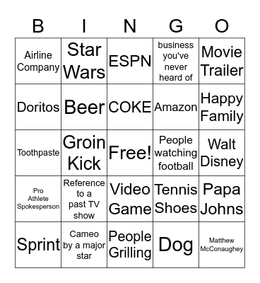 Super Bowl Commercials Bingo Card