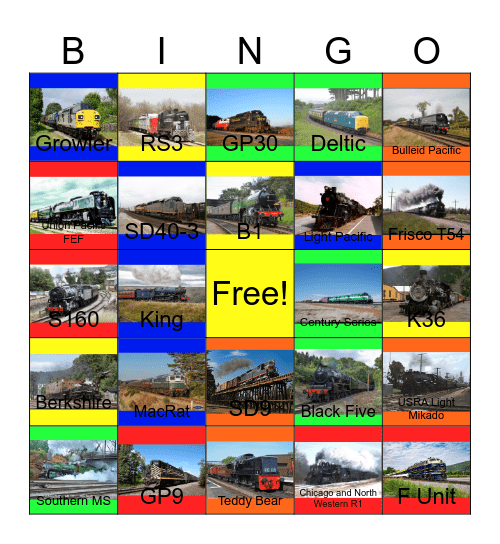 Black, Blue, Gray and Green Locomotives Bingo Card
