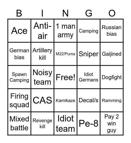 War Thunder Bingo Card