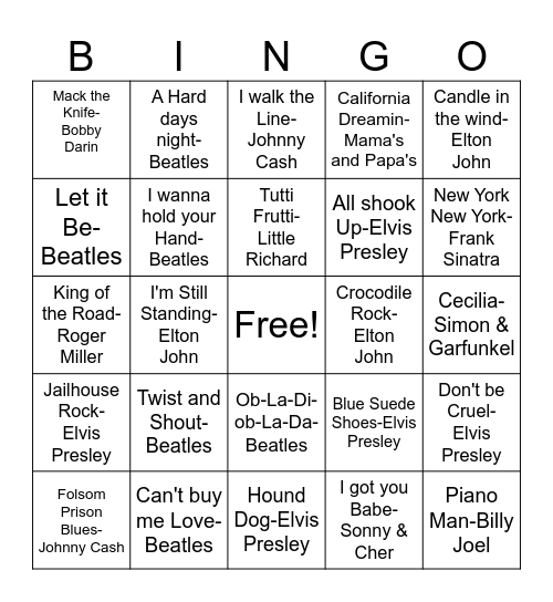 DD59 Beatles,Frank,Elvis, Elton & Friends! Bingo Card