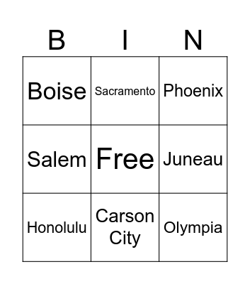 Western/Southwest States Bingo Card