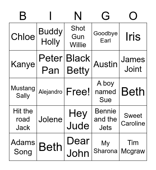 Songs with Names Bingo Card