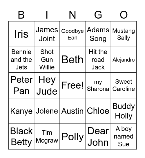 Songs with Names Bingo Card