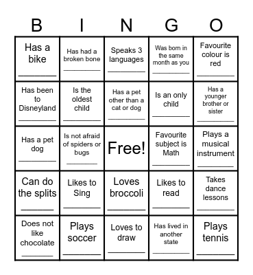 Getting to Know You Bingo Card