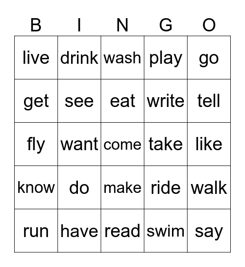 #１：動詞（ACTION  BINGO) Bingo Card