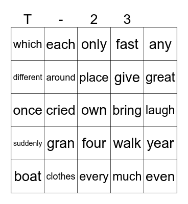 T -25 Bingo Card