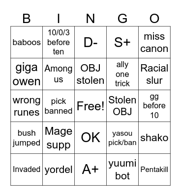 Leauge of legends Bingo Card