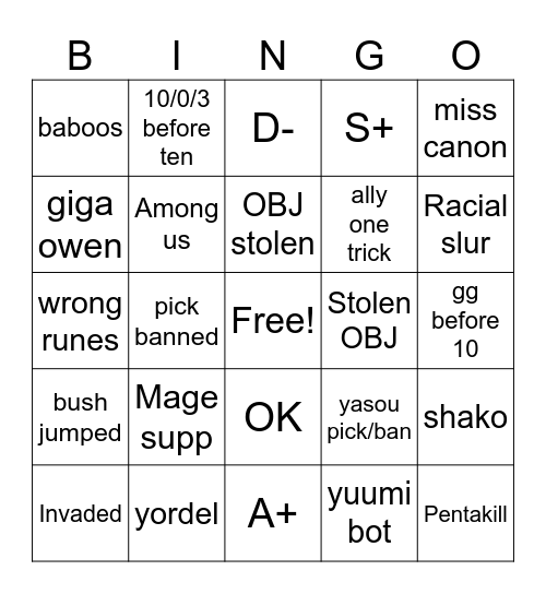 Leauge of legends Bingo Card
