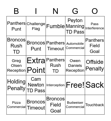 Super Bowl Bingo  Bingo Card