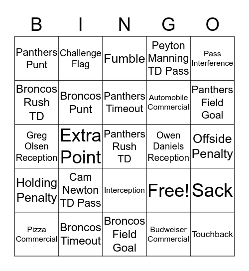 Super Bowl Bingo  Bingo Card