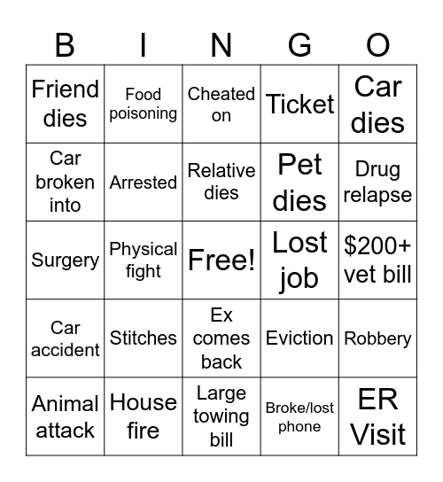 Bad Year Bingo Card