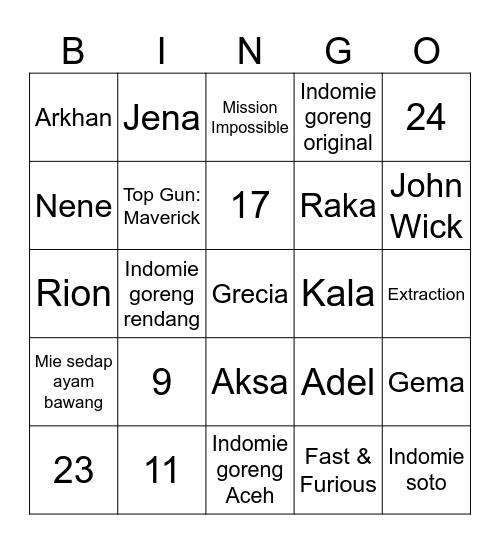 Emerie’s Bingo Card