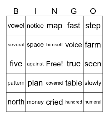 Sight Word Bingo Card
