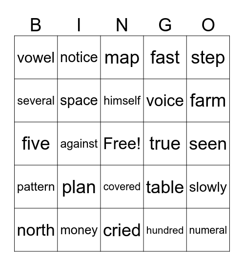 Sight Word Bingo Card
