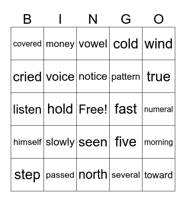 Sight Word Bingo Card